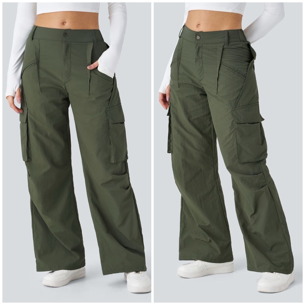 Halara Mid Rise Button Zipper Side Pocket Wide Leg Casual Cargo Pants in Green